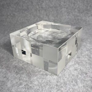 Lucien Piccard Crystal Pillar Candle Holder Checkered Frosted Clear Heavy Signed